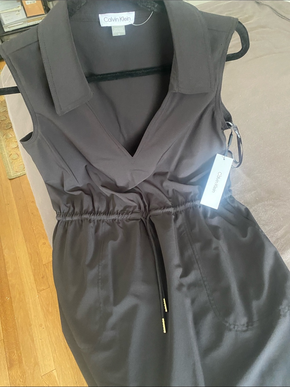 Calvin Klein Black Sleeveless V-Neck Midi Dress with Drawstring Waist - Picture 12 of 14